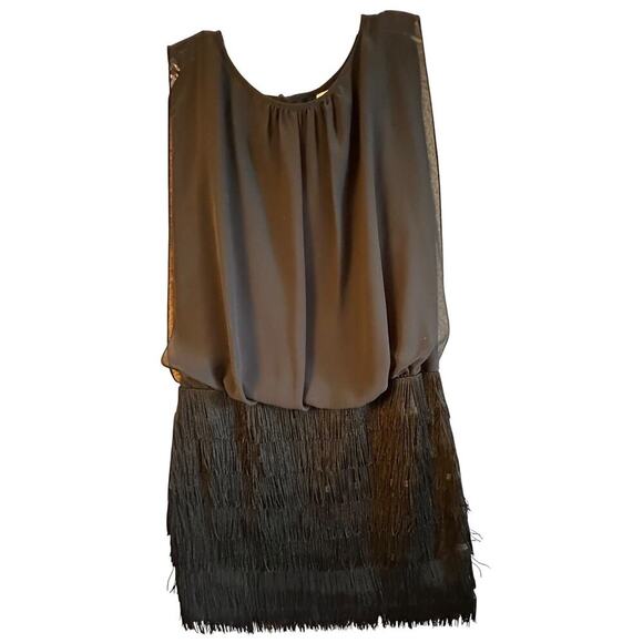 Aidan By Aidan Mattox Black Chiffon & Fringe Sexy Mini Dress Sz 6 Mob Wife Goth - Picture 1 of 16